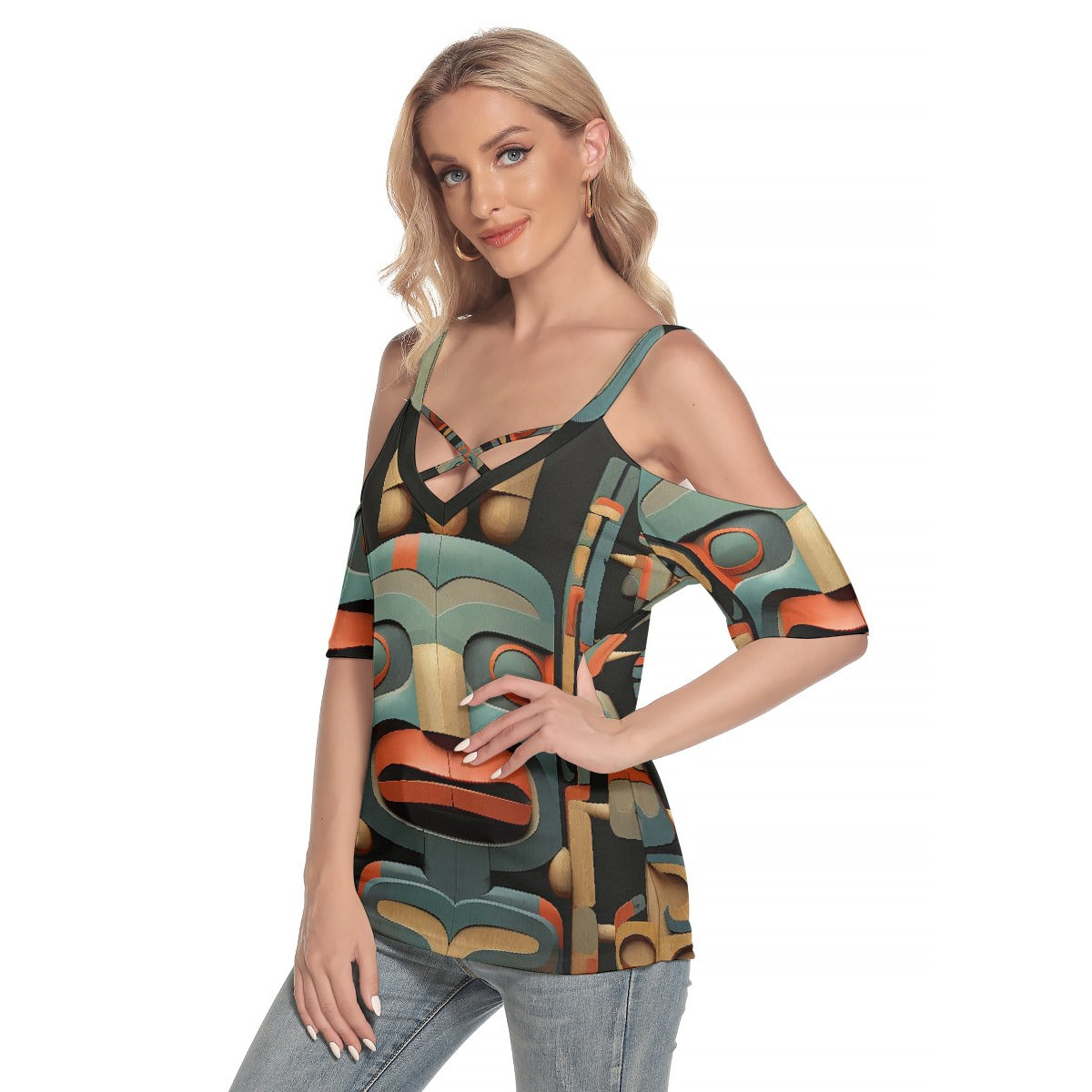 All-Over Print Women's Cold Shoulder T-shirt With Criss Cross Strips