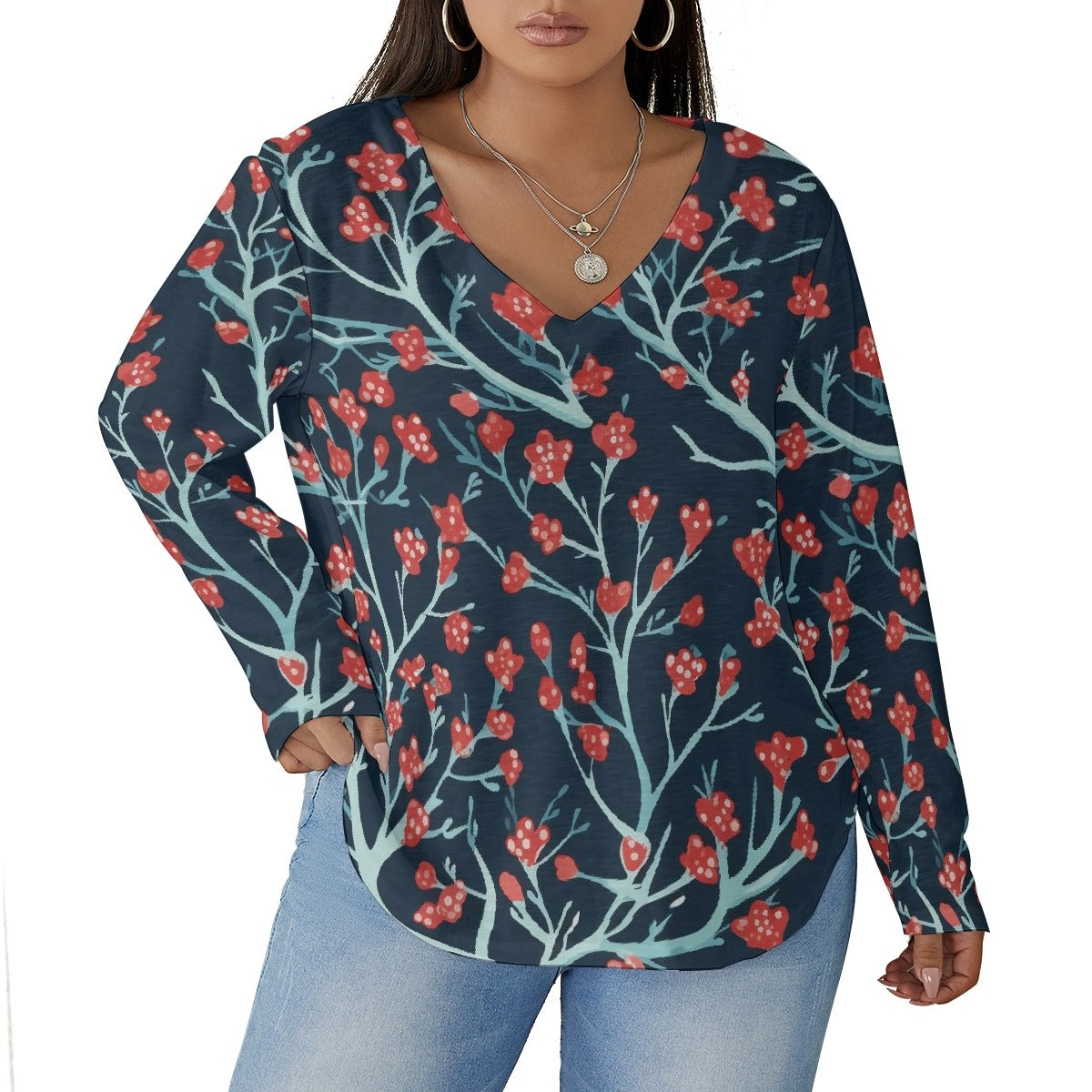 All-Over Print Women's V-neck T-shirt With Curved Hem(Plus Size)