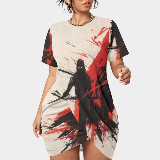 All-Over Print Women’s Stacked Hem Dress With Short Sleeve（Plus Size）