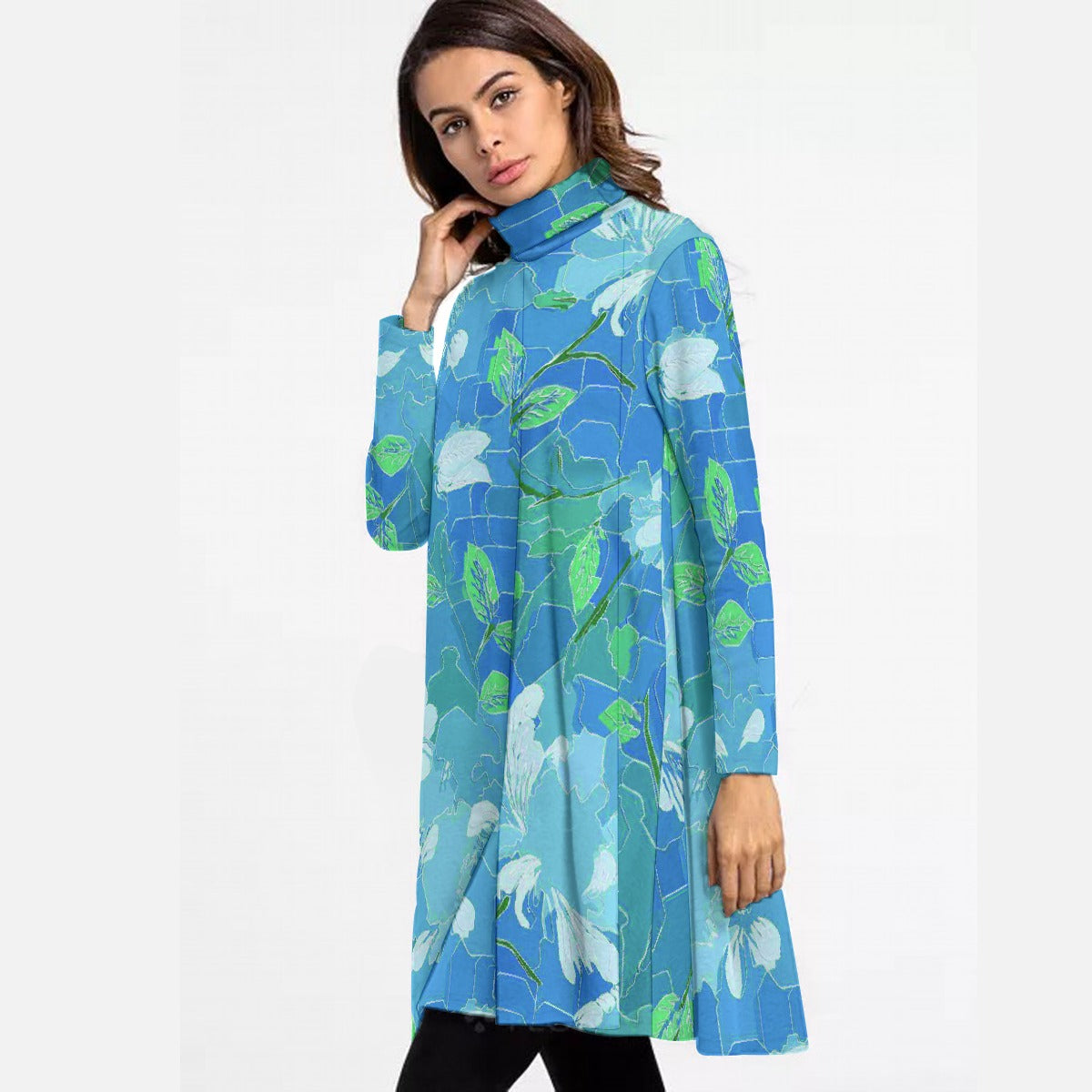 All-Over Print Women's High Neck Dress With Long Sleeve