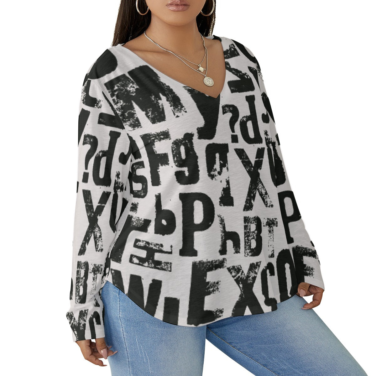 All-Over Print Women's V-neck T-shirt With Curved Hem(Plus Size)