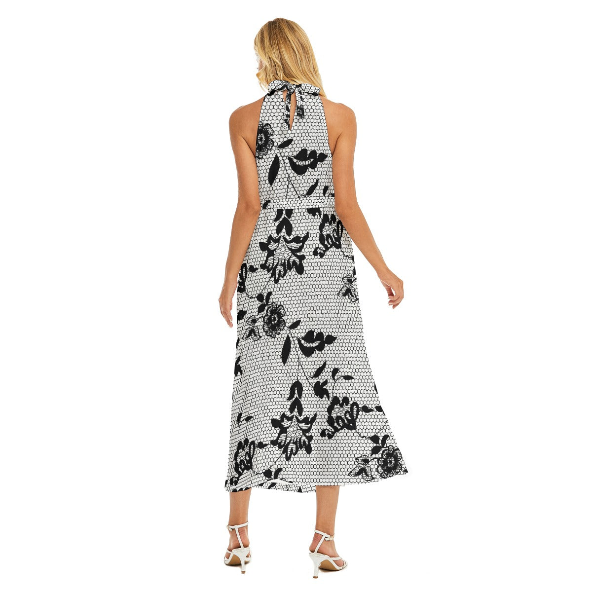 All-Over Print Women's Wrap Hem Belted Halter Dress