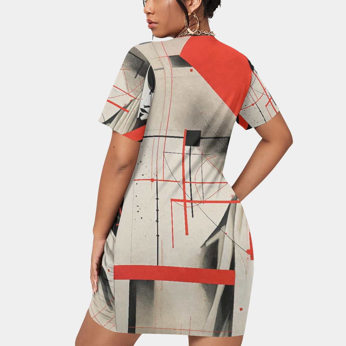 All-Over Print Women’s Stacked Hem Dress With Short Sleeve（Plus Size）