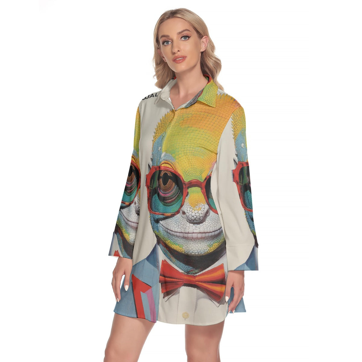 All-Over Print Women's Lapel Shirt Dress With Long Sleeve