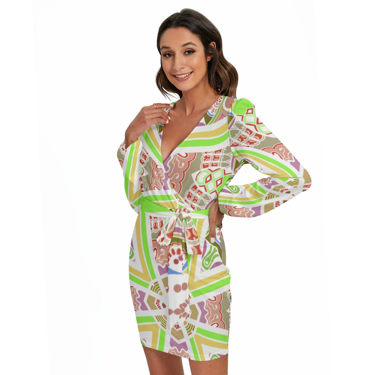 All-Over Print Women's Long Sleeve Dress With Waist Belt