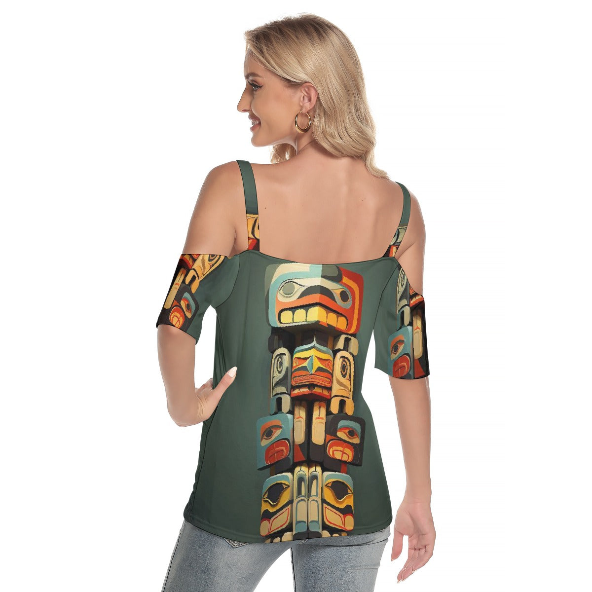 All-Over Print Women's Cold Shoulder T-shirt With Criss Cross Strips