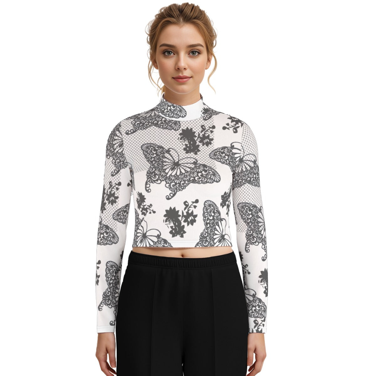 Eco-Friendly All-Over Print Women's Turtleneck T-shirt With Long Sleeve