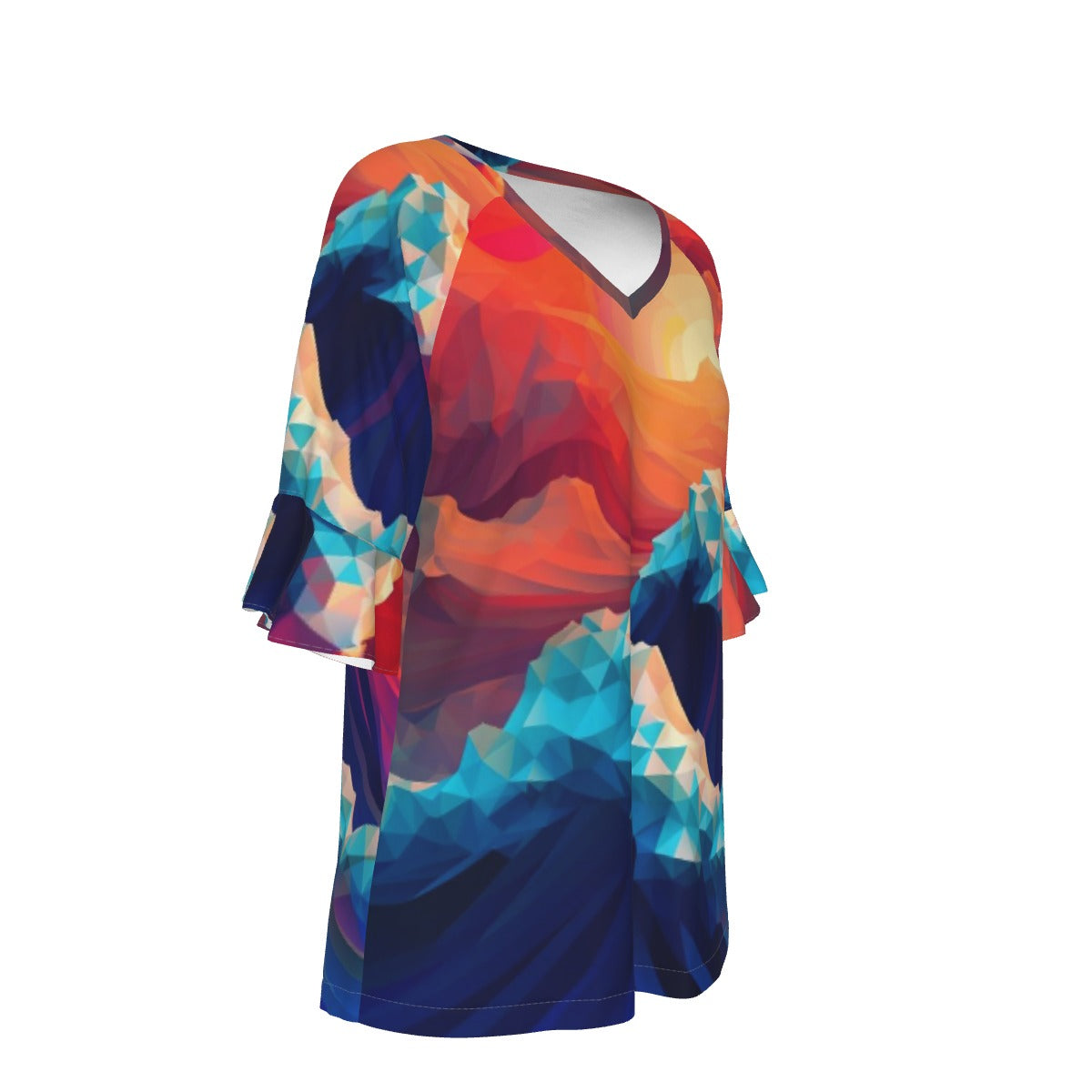 All-Over Print V-neck Women's T-shirt With Bell Sleeve