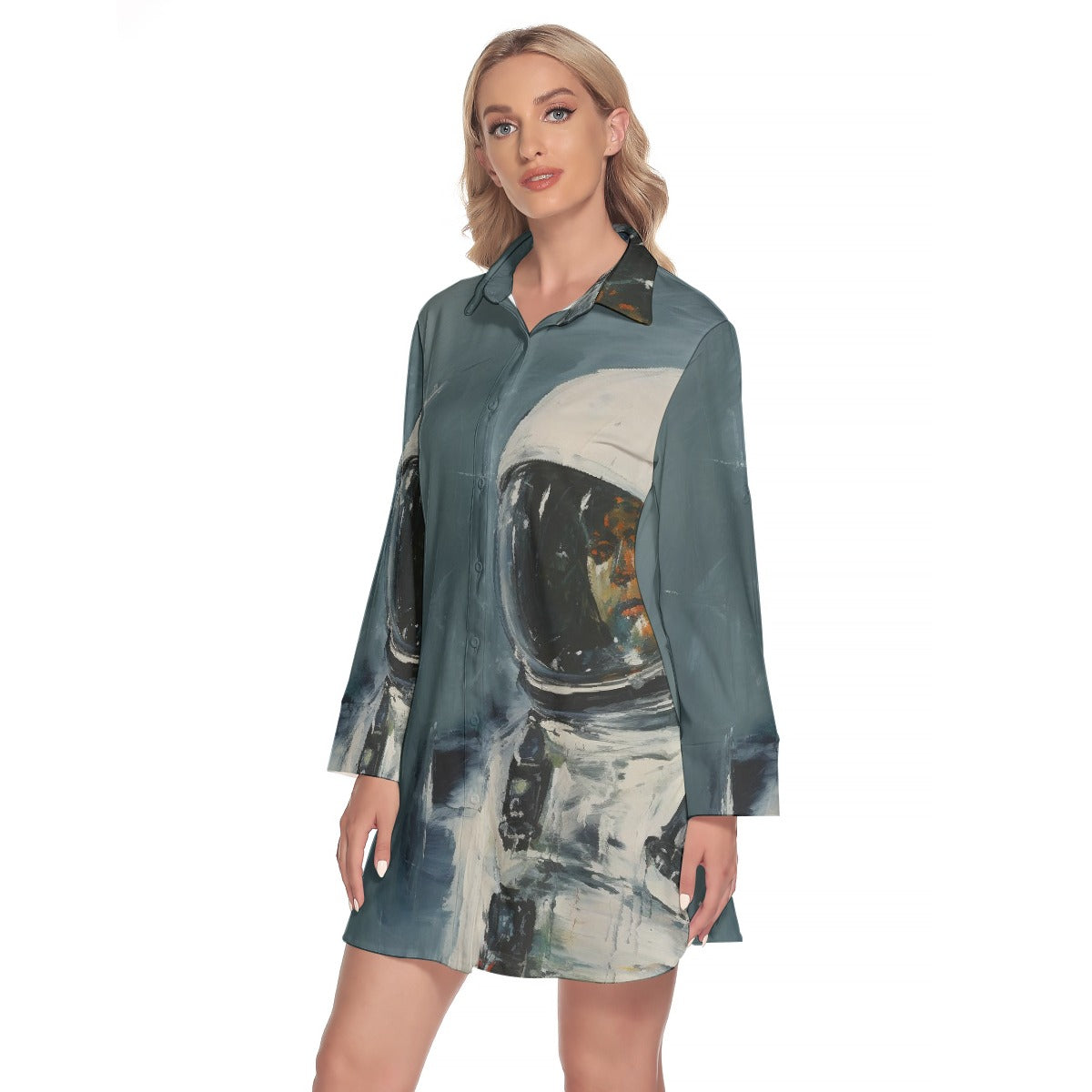 All-Over Print Women's Lapel Shirt Dress With Long Sleeve