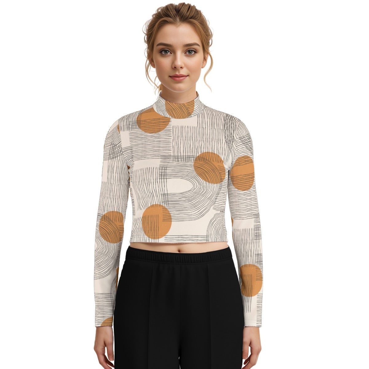 Eco-Friendly All-Over Print Women's Turtleneck T-shirt With Long Sleeve