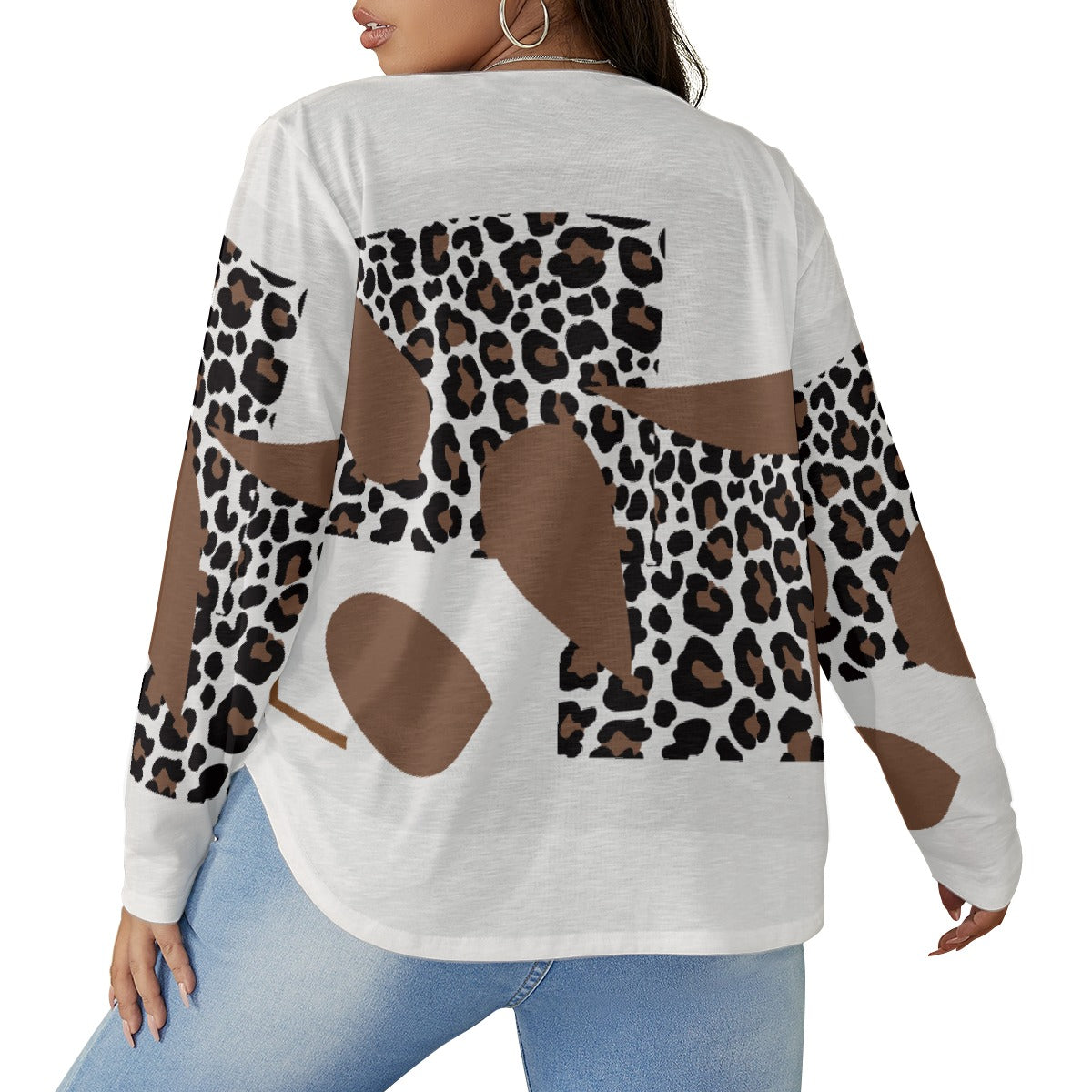 All-Over Print Women's V-neck T-shirt With Curved Hem(Plus Size)