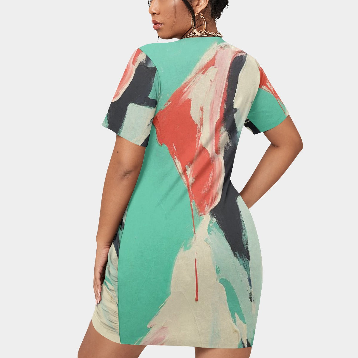 All-Over Print Women’s Stacked Hem Dress With Short Sleeve（Plus Size）