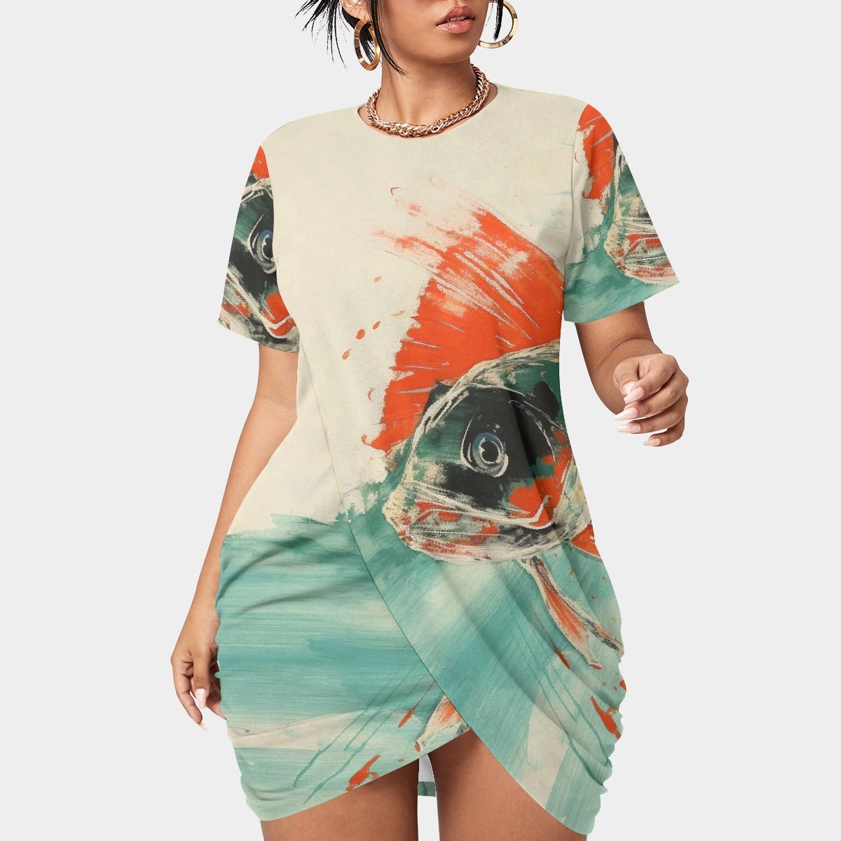 All-Over Print Women’s Stacked Hem Dress With Short Sleeve（Plus Size）