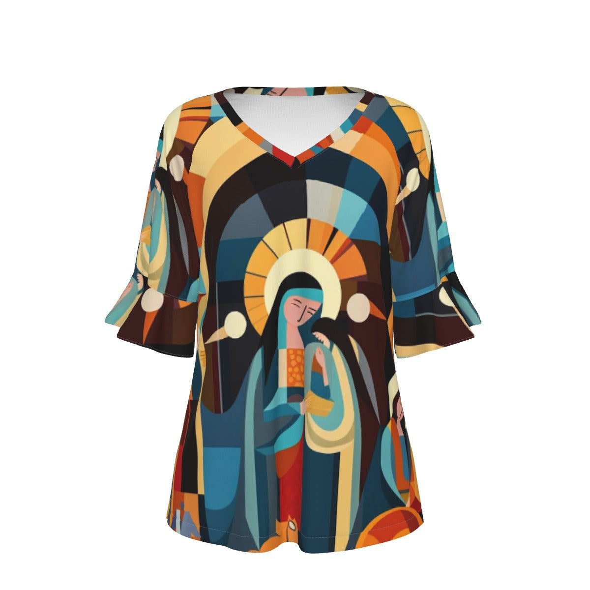 All-Over Print V-neck Women's T-shirt With Bell Sleeve