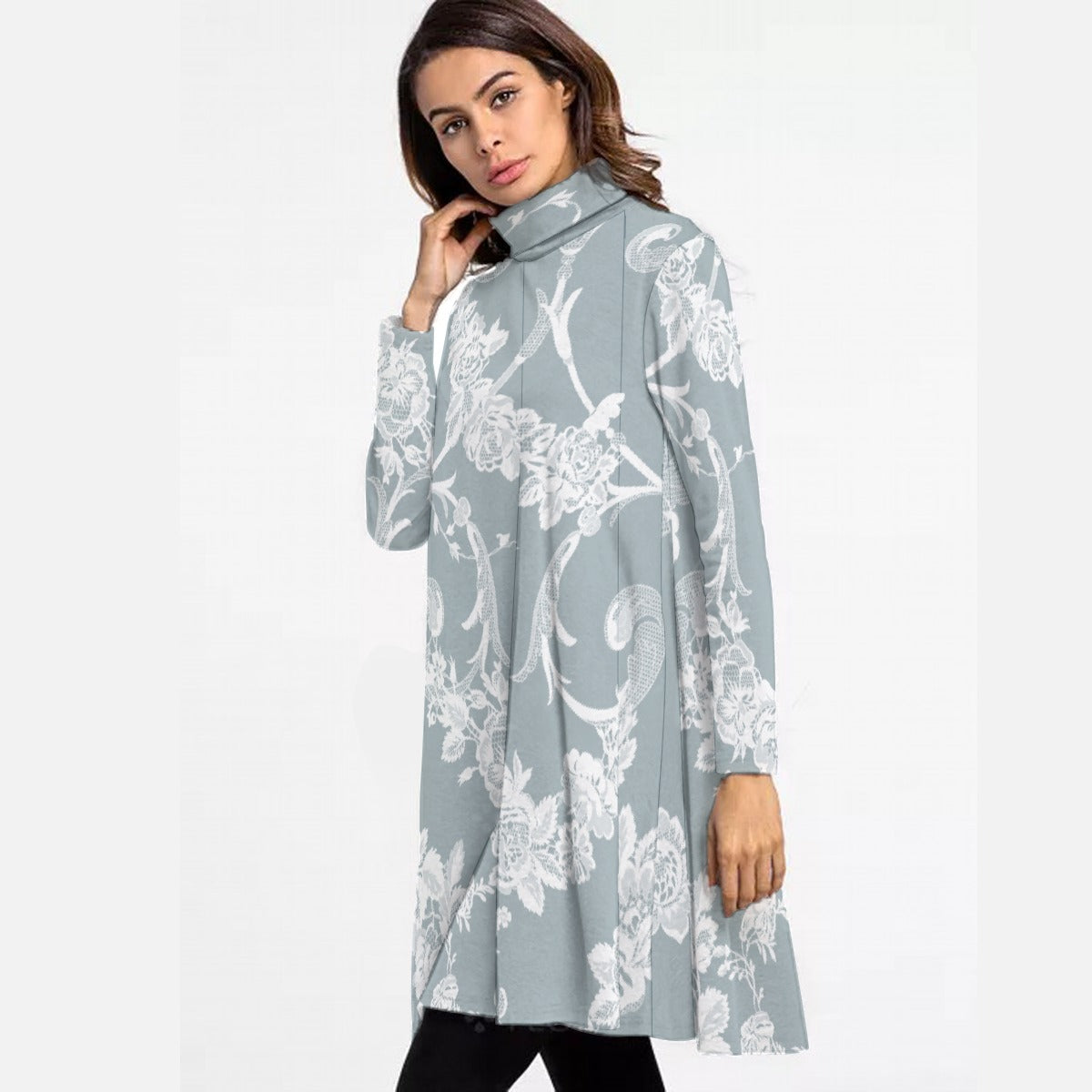 All-Over Print Women's High Neck Dress With Long Sleeve