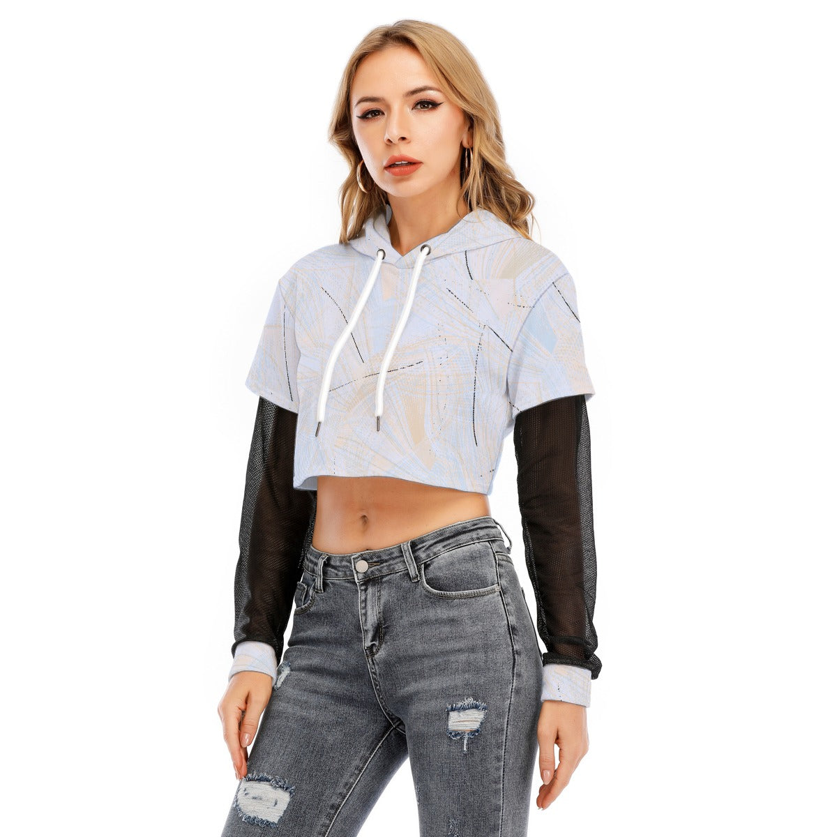 All-Over Print Women's Fake Two-piece Mesh Sleeve Cropped Hoodie