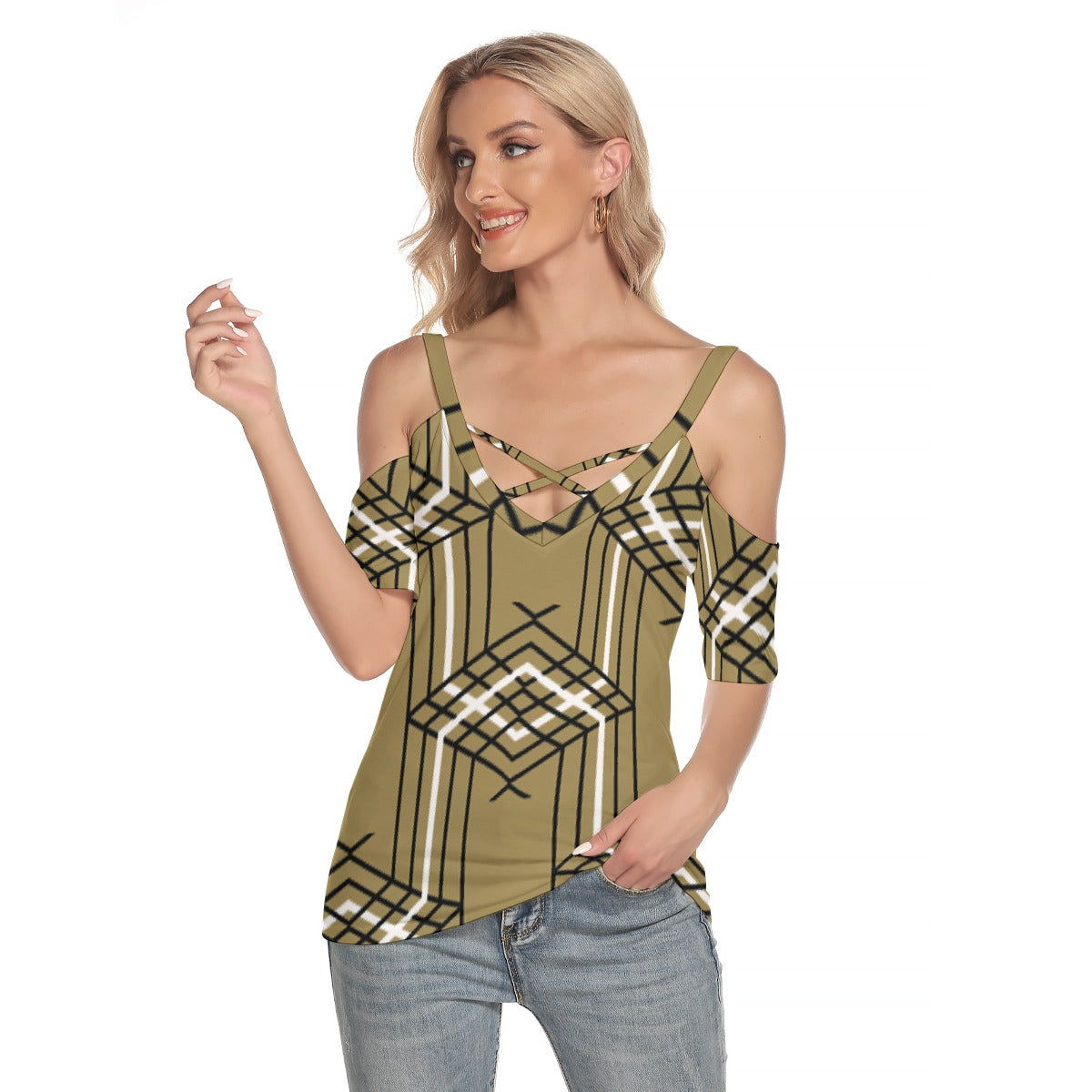 All-Over Print Women's Cold Shoulder T-shirt With Criss Cross Strips