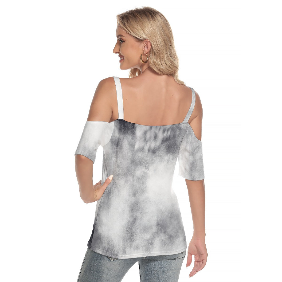 All-Over Print Women's Cold Shoulder T-shirt With Criss Cross Strips