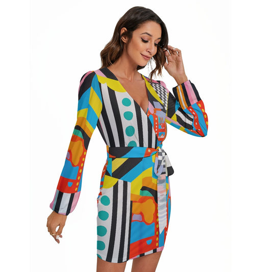 All-Over Print Women's Long Sleeve Dress With Waist Belt