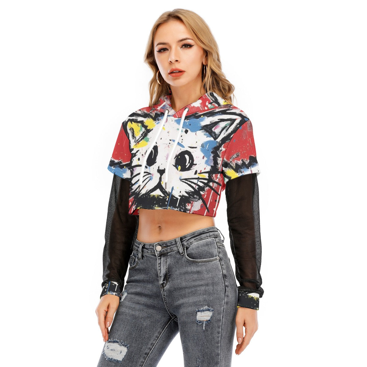 All-Over Print Women's Fake Two-piece Mesh Sleeve Cropped Hoodie