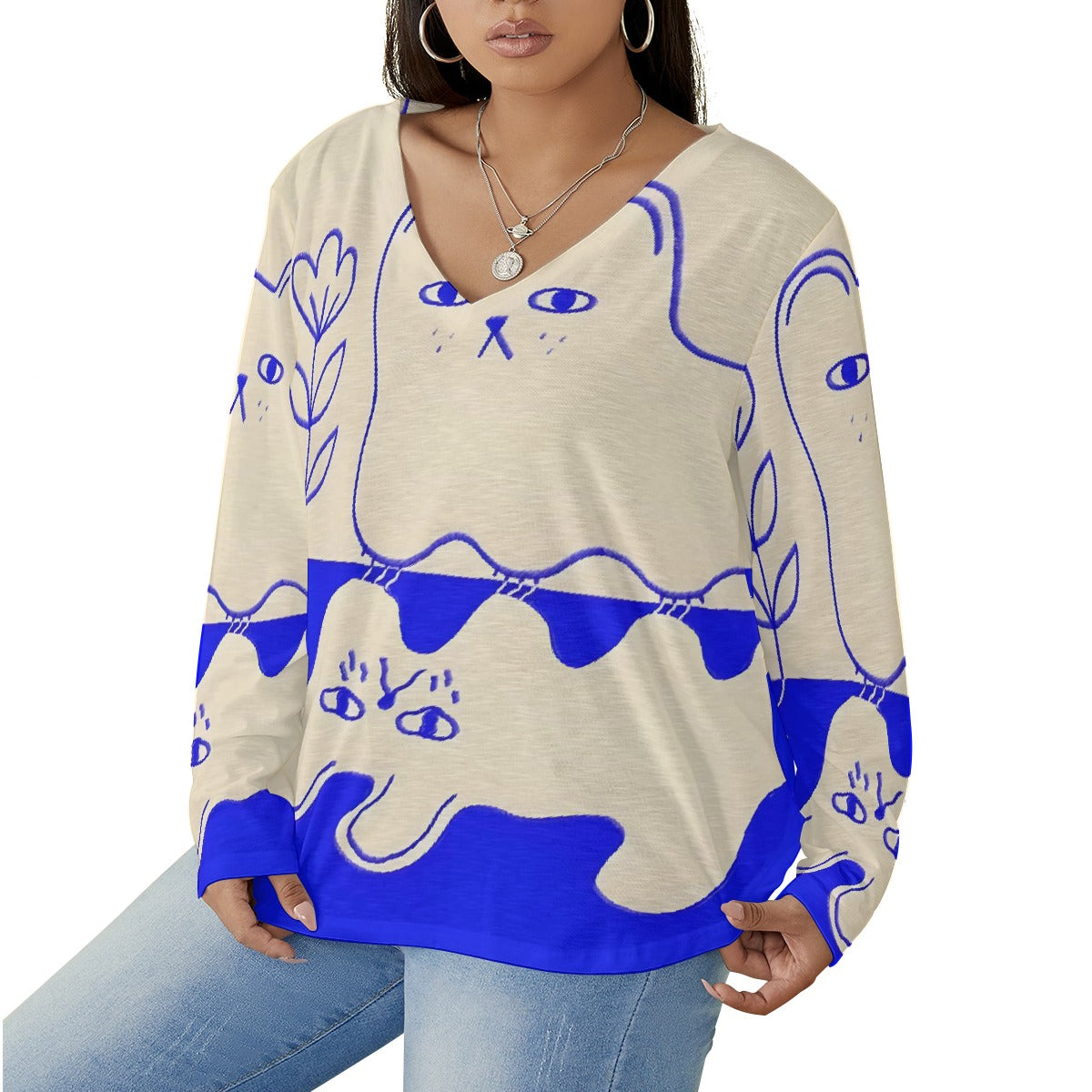 All-Over Print Women's V-neck T-shirt With Curved Hem(Plus Size)