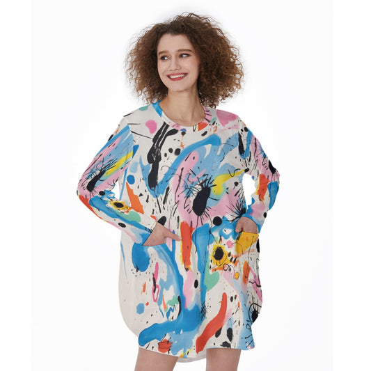 All-Over Print Women's Casual Loose Long Sleeve Dress With Pocket