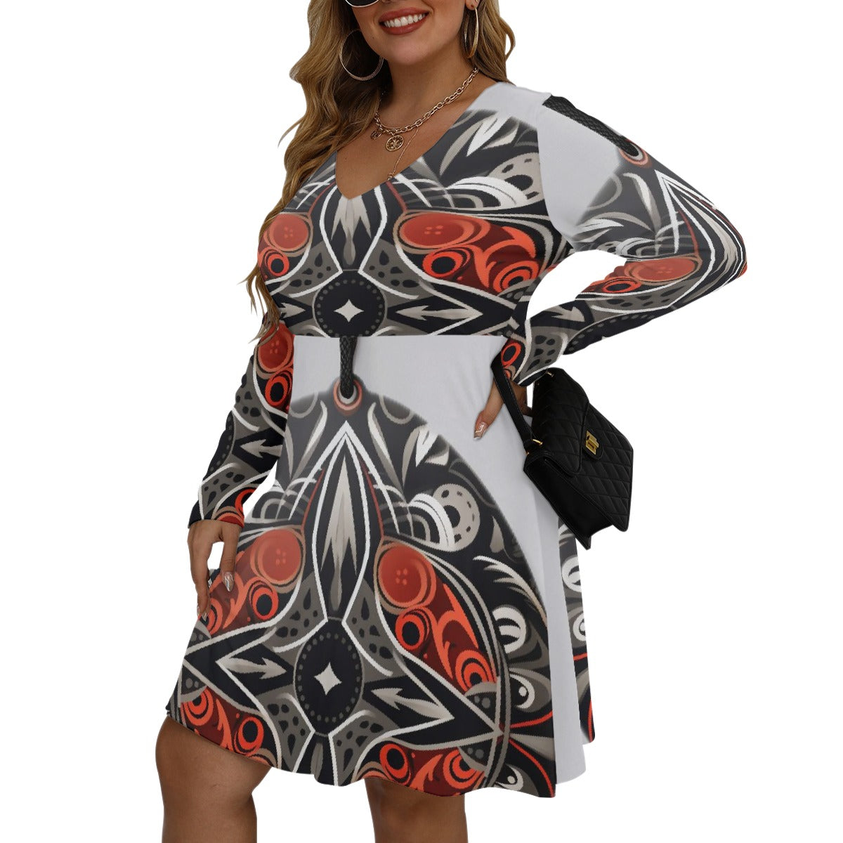 All-Over Print Women's V-neck Long Sleeve Dress(Plus Size)