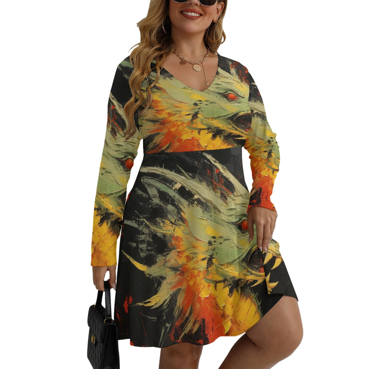 All-Over Print Women's V-neck Long Sleeve Dress(Plus Size)