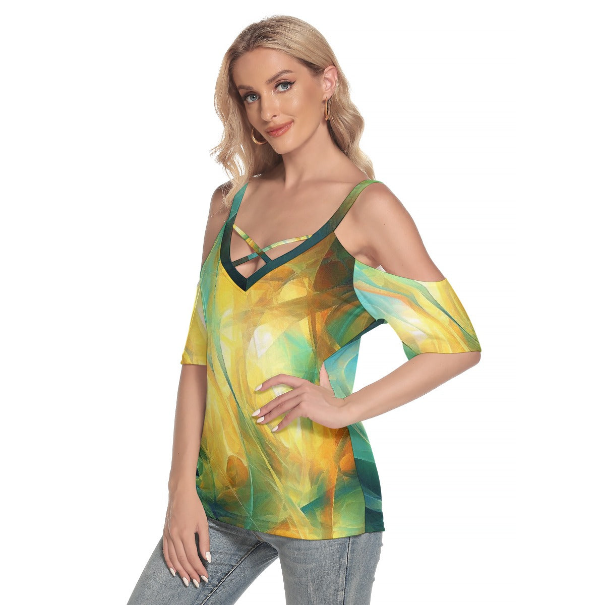 All-Over Print Women's Cold Shoulder T-shirt With Criss Cross Strips