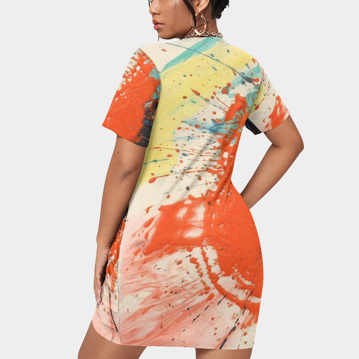 All-Over Print Women’s Stacked Hem Dress With Short Sleeve（Plus Size）