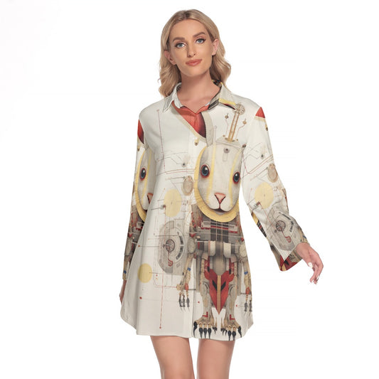 All-Over Print Women's Lapel Shirt Dress With Long Sleeve