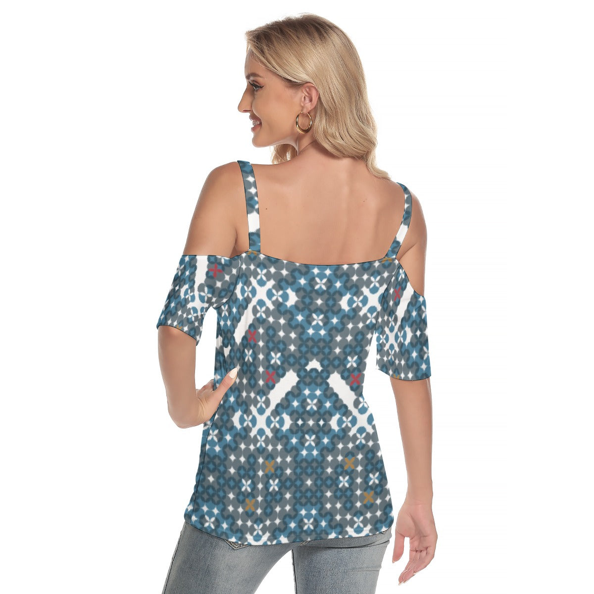 All-Over Print Women's Cold Shoulder T-shirt With Criss Cross Strips