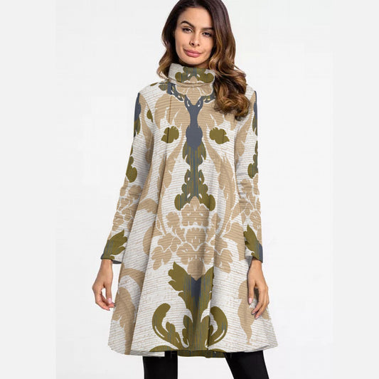 All-Over Print Women's High Neck Dress With Long Sleeve