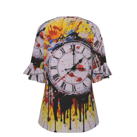 All-Over Print V-neck Women's T-shirt With Bell Sleeve