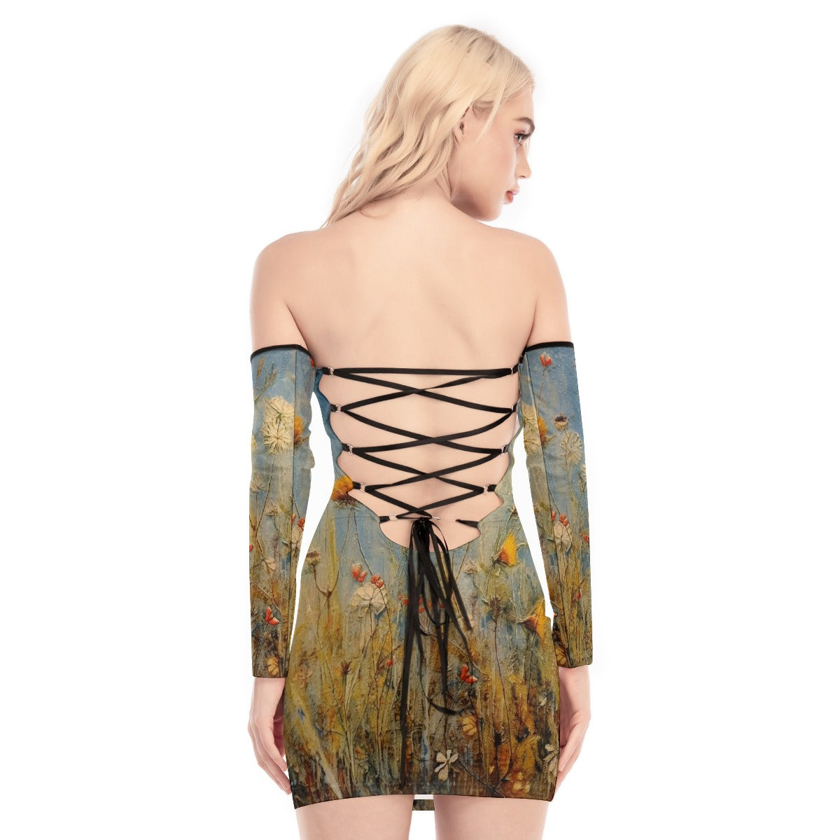 All-Over Print Women's Off-shoulder Back Lace-up Dress