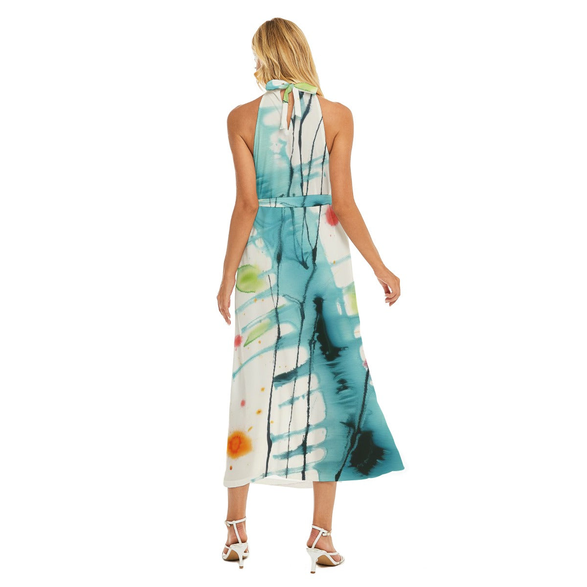 All-Over Print Women's Wrap Hem Belted Halter Dress