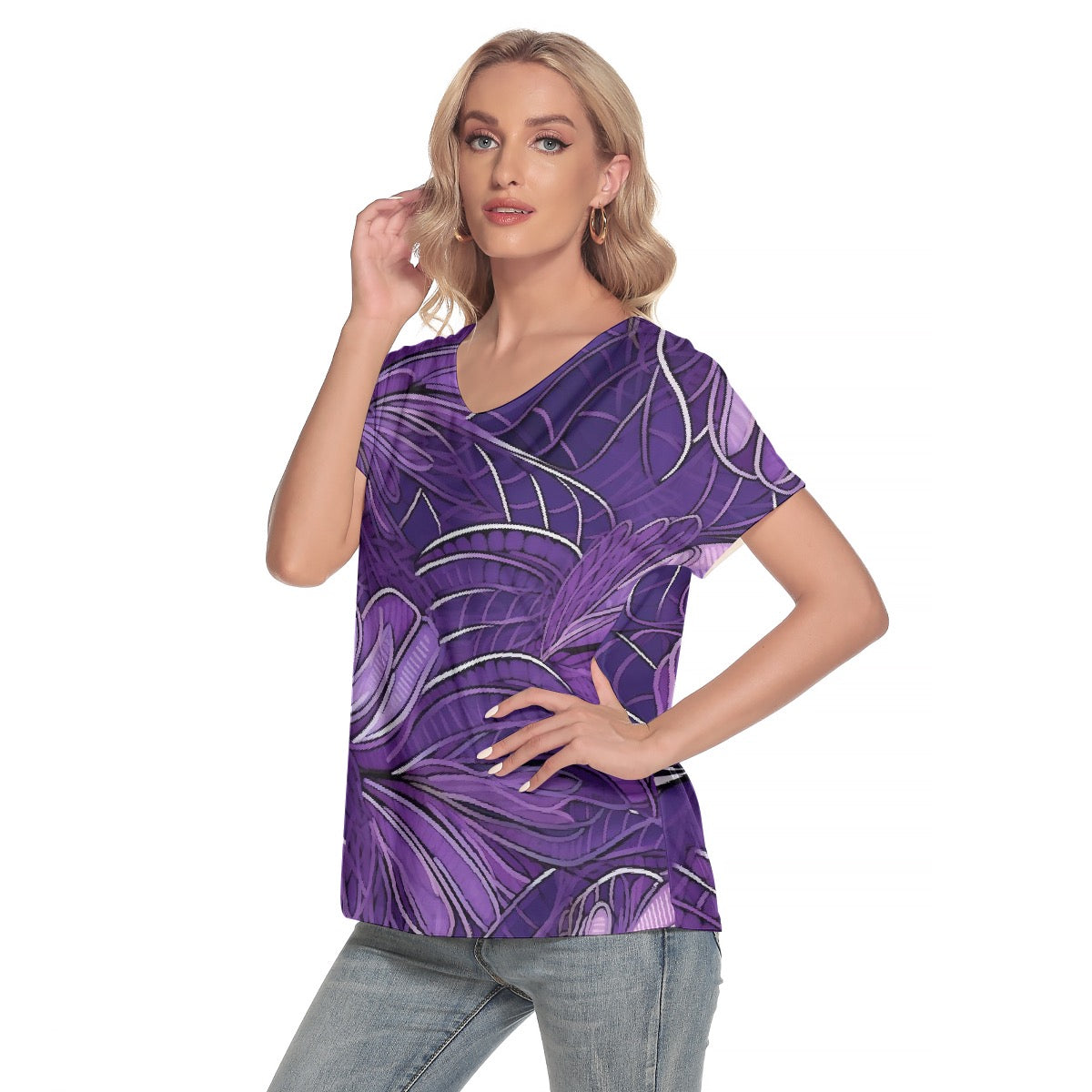 All-Over Print Women's Loose V-neck Short Sleeve T-shirt