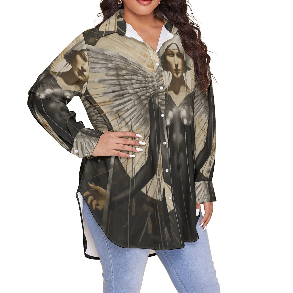 All-Over Print Women's Shirt With Long Sleeve(Plus Size)