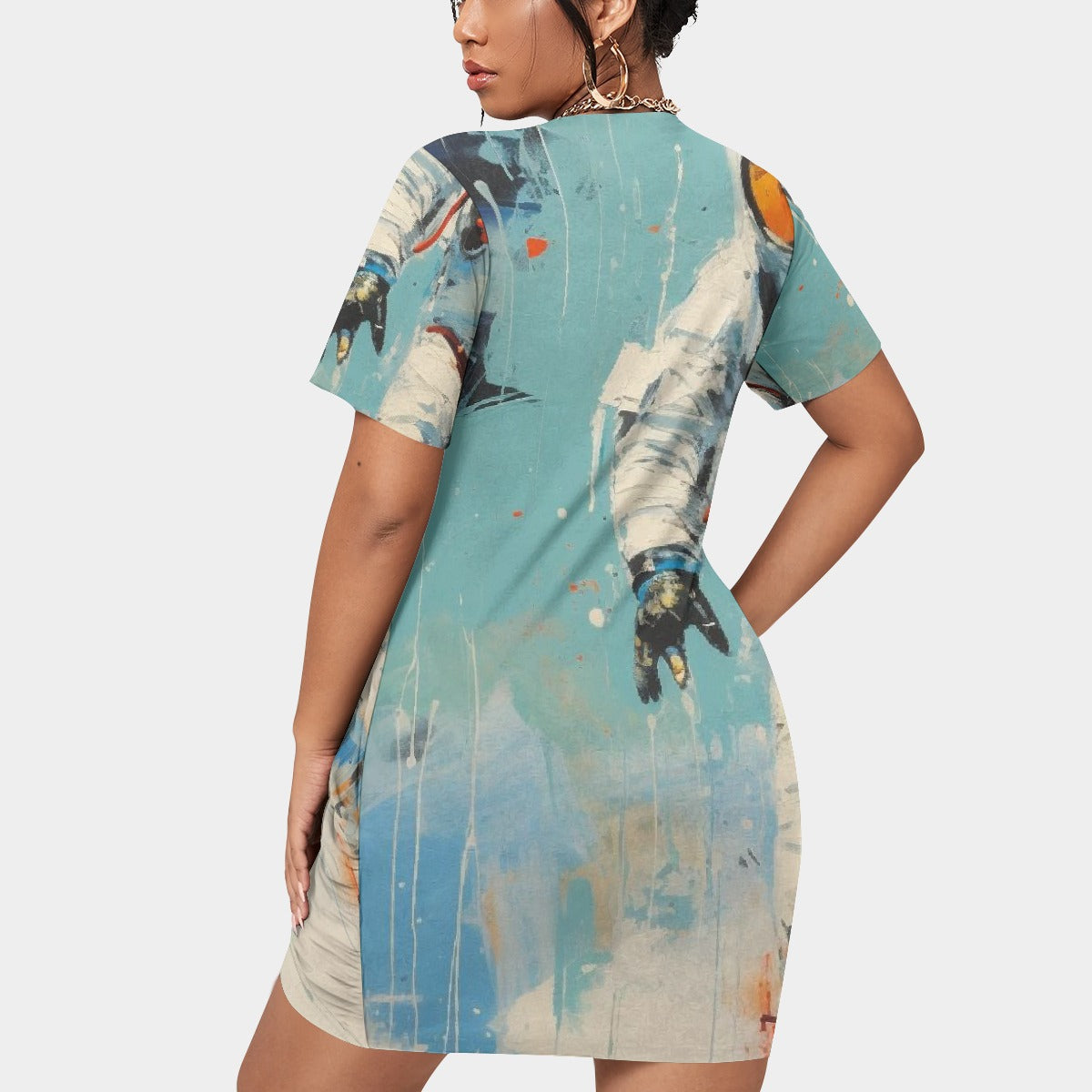 All-Over Print Women’s Stacked Hem Dress With Short Sleeve（Plus Size）