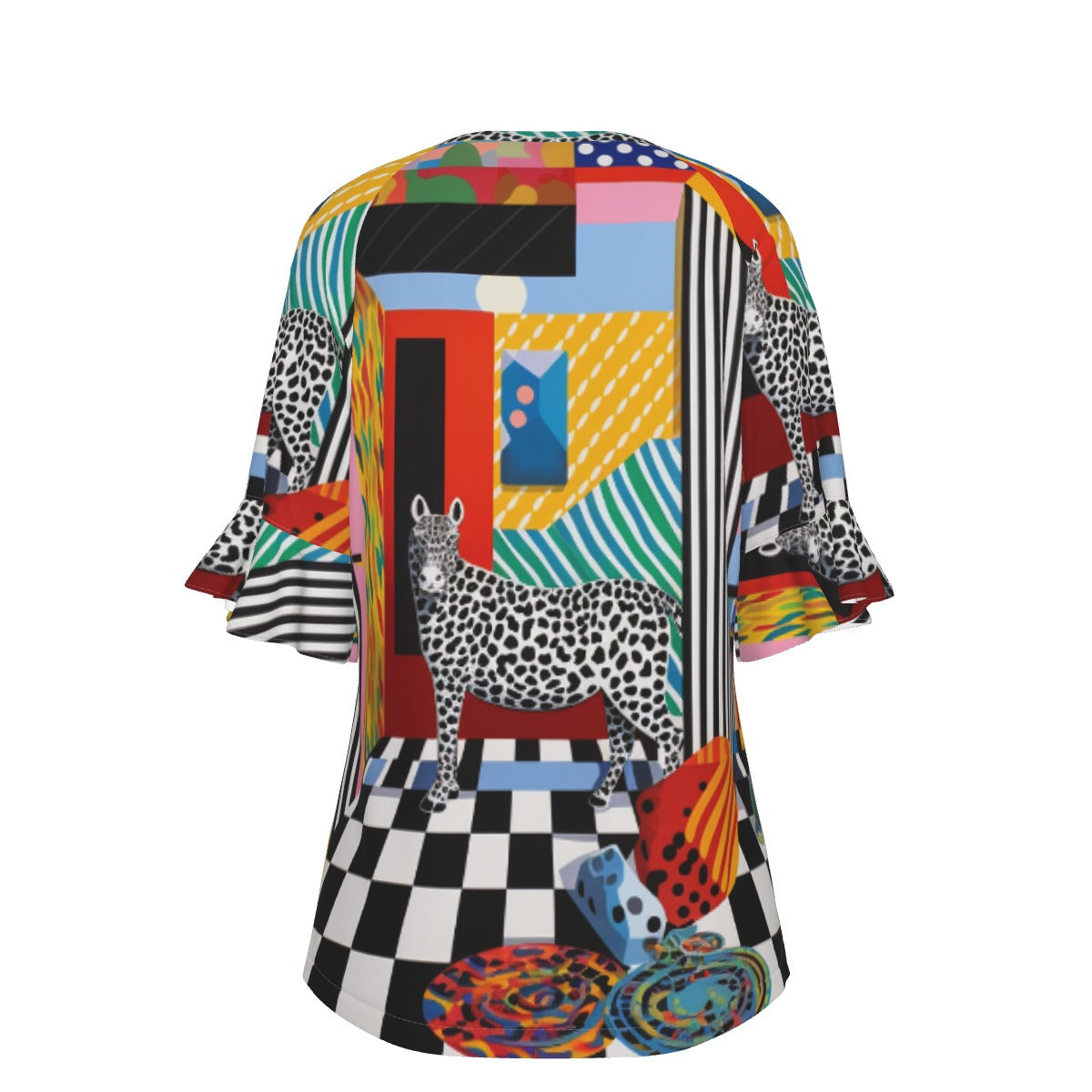 All-Over Print V-neck Women's T-shirt With Bell Sleeve