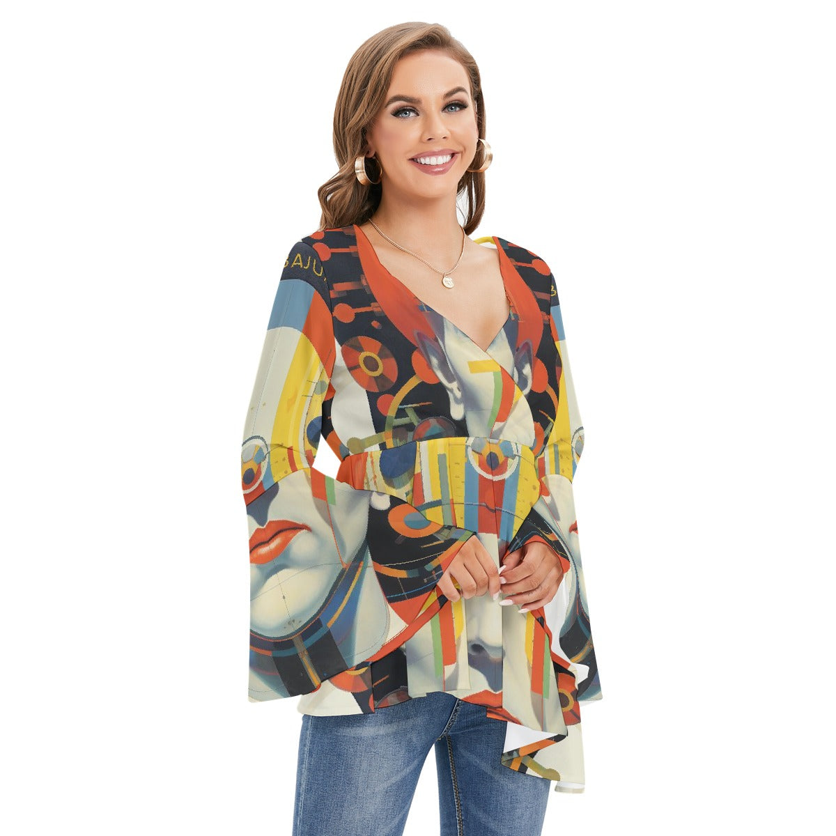 All-Over Print Women's V-neck Blouse With Flared Sleeves