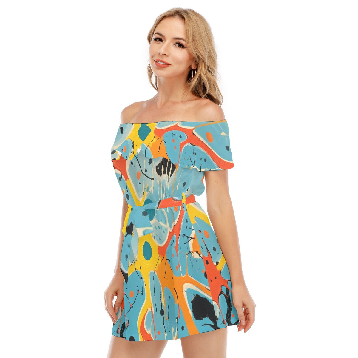 All-Over Print Women's Off-shoulder Dress With Ruffle