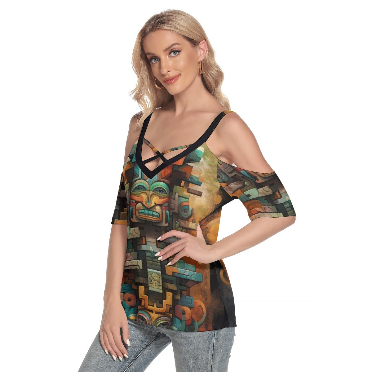 All-Over Print Women's Cold Shoulder T-shirt With Criss Cross Strips