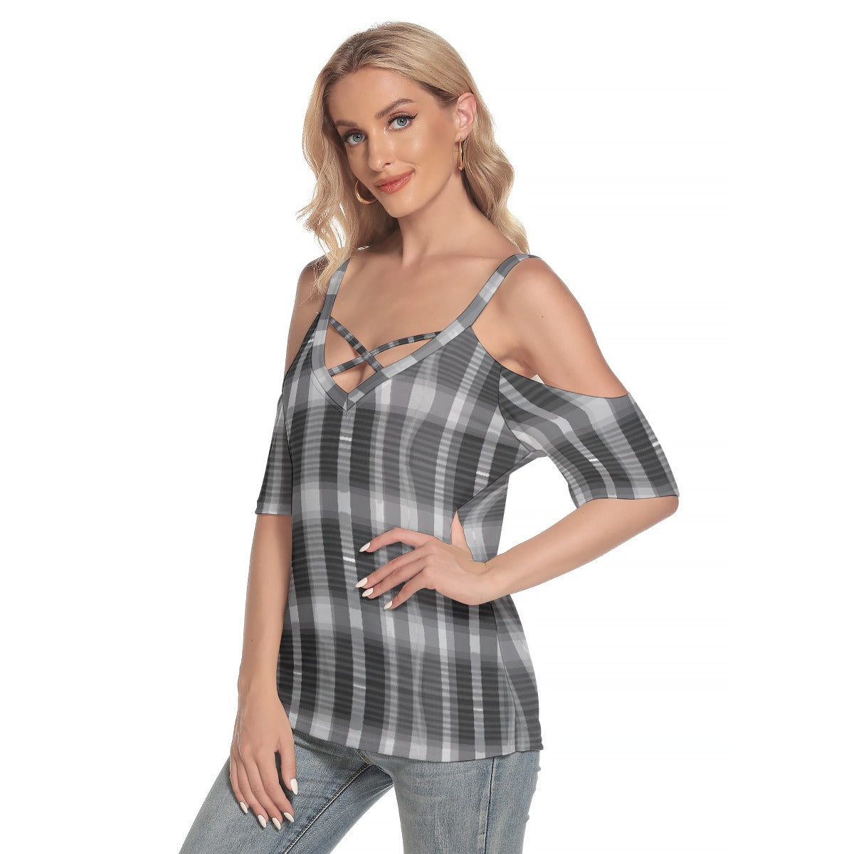 All-Over Print Women's Cold Shoulder T-shirt With Criss Cross Strips