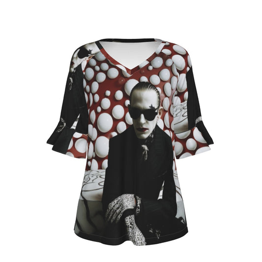 All-Over Print V-neck Women's T-shirt With Bell Sleeve