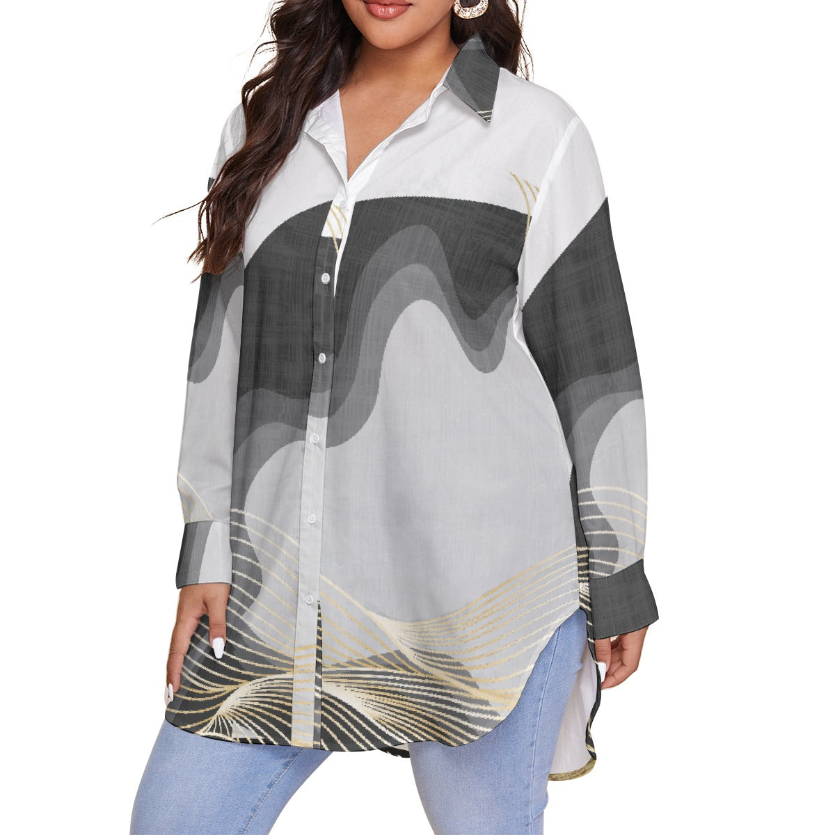 All-Over Print Women's Shirt With Long Sleeve(Plus Size)