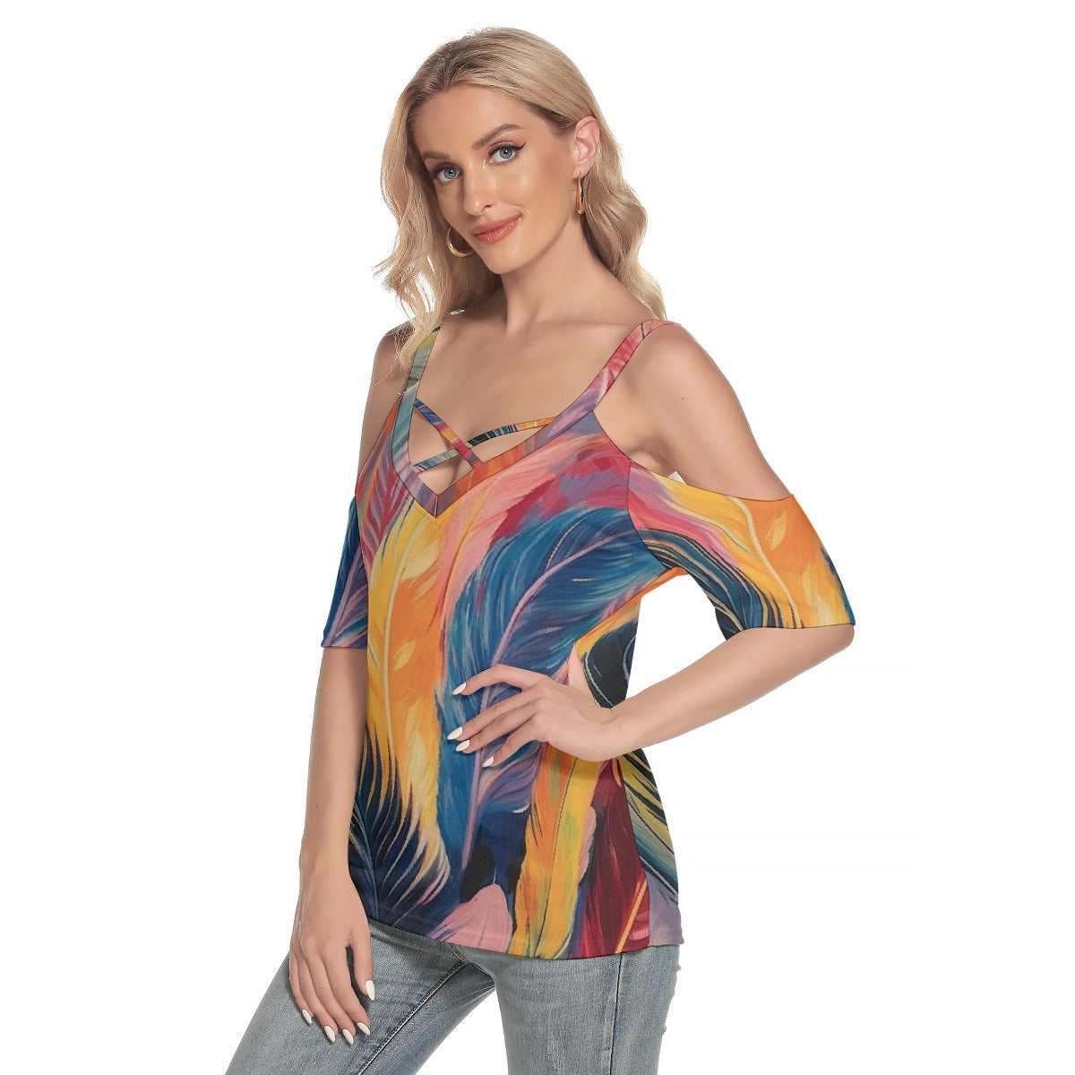 All-Over Print Women's Cold Shoulder T-shirt With Criss Cross Strips