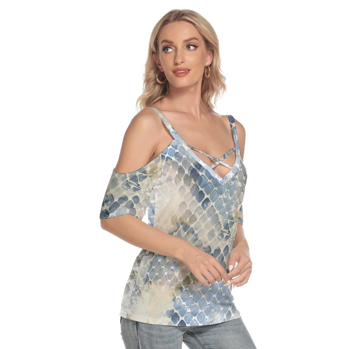 All-Over Print Women's Cold Shoulder T-shirt With Criss Cross Strips