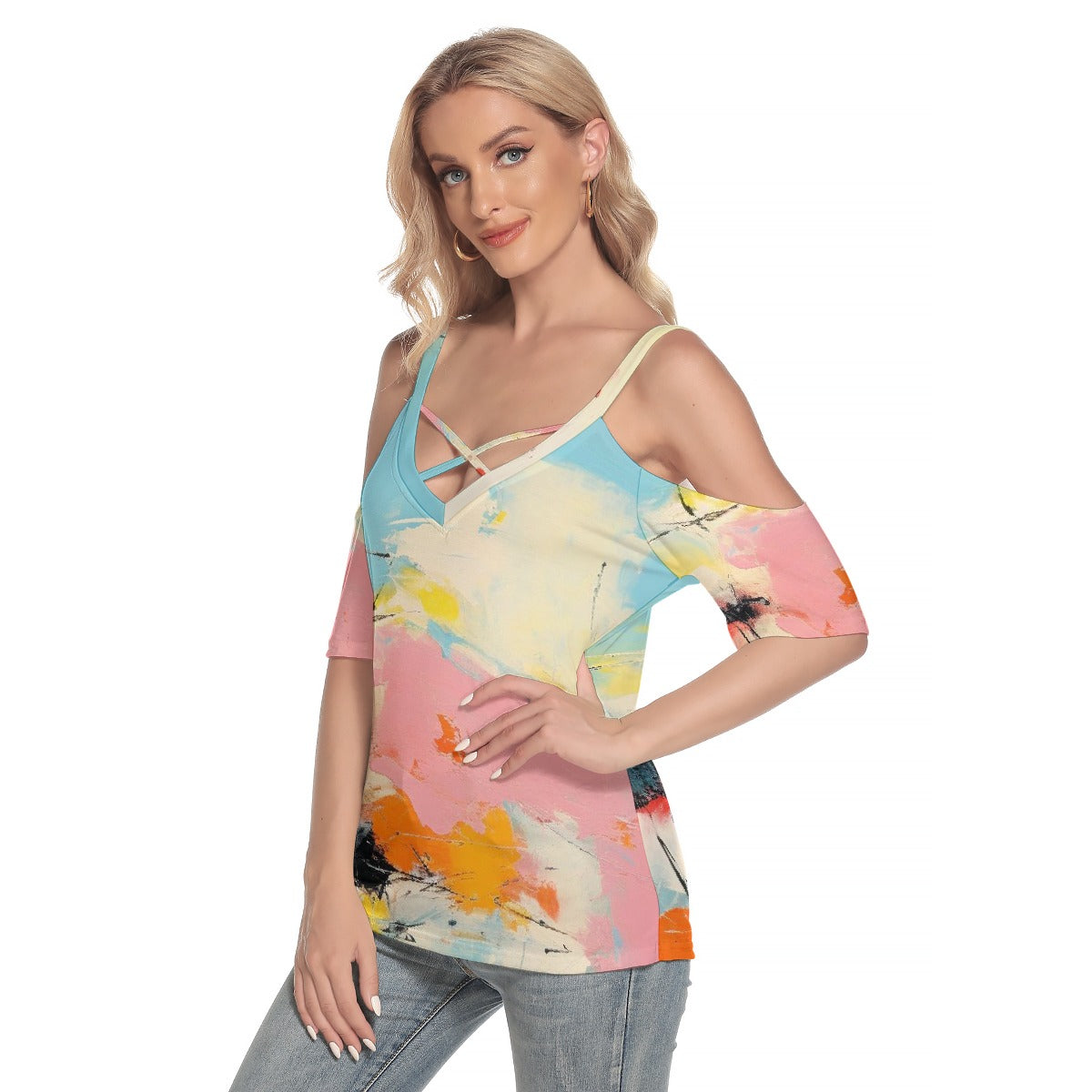 All-Over Print Women's Cold Shoulder T-shirt With Criss Cross Strips