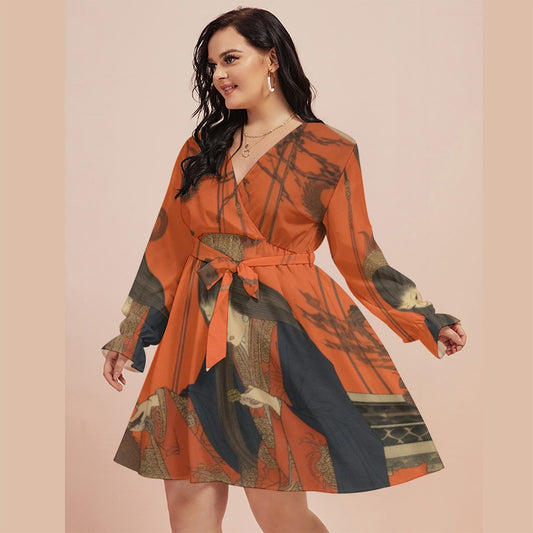 All-Over Print Women's V-neck Dress With Waistband(Plus Size)